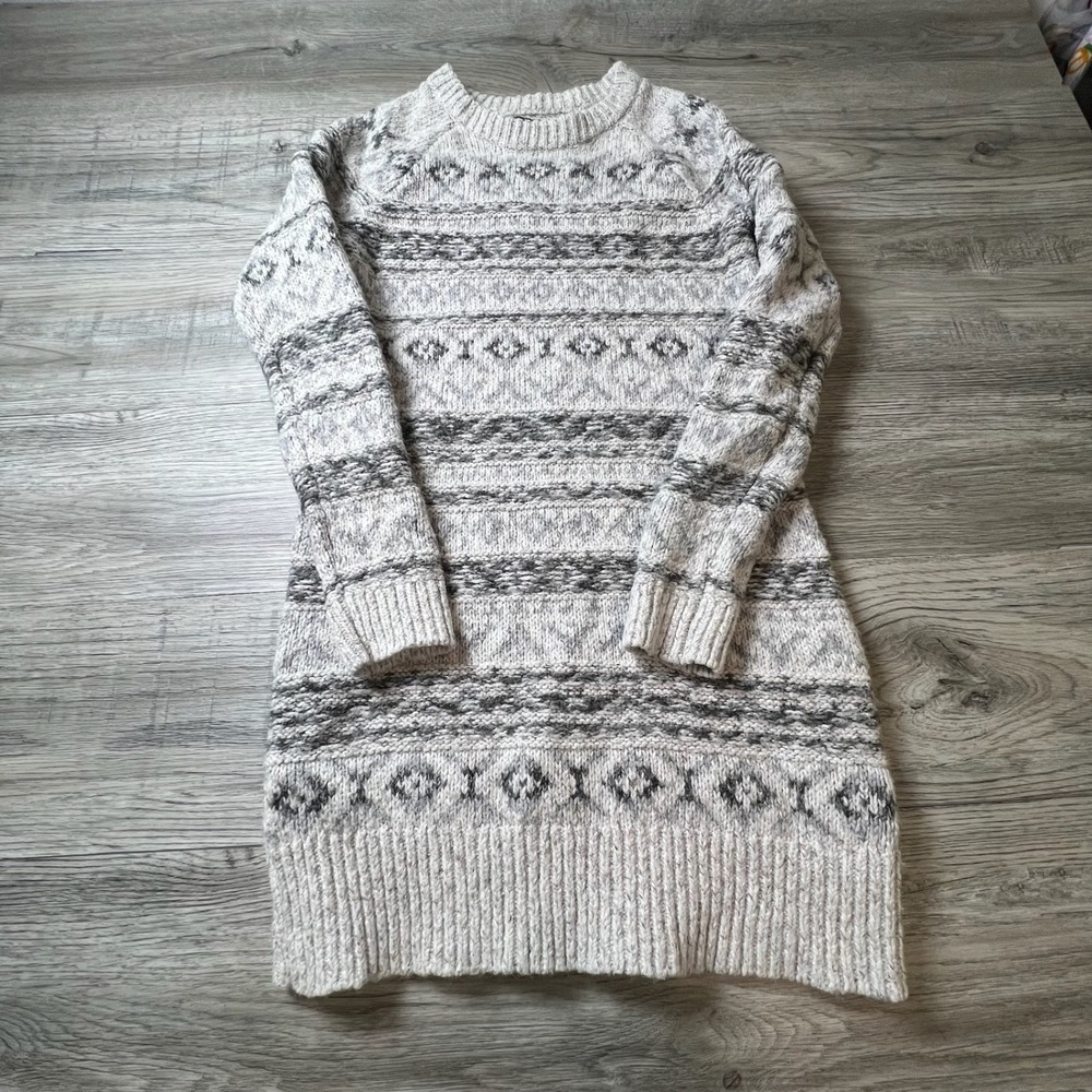 Abercrombie & Fitch Sweater Dress Womens S Cream Grey Fair Isle Chunky Knit Mini